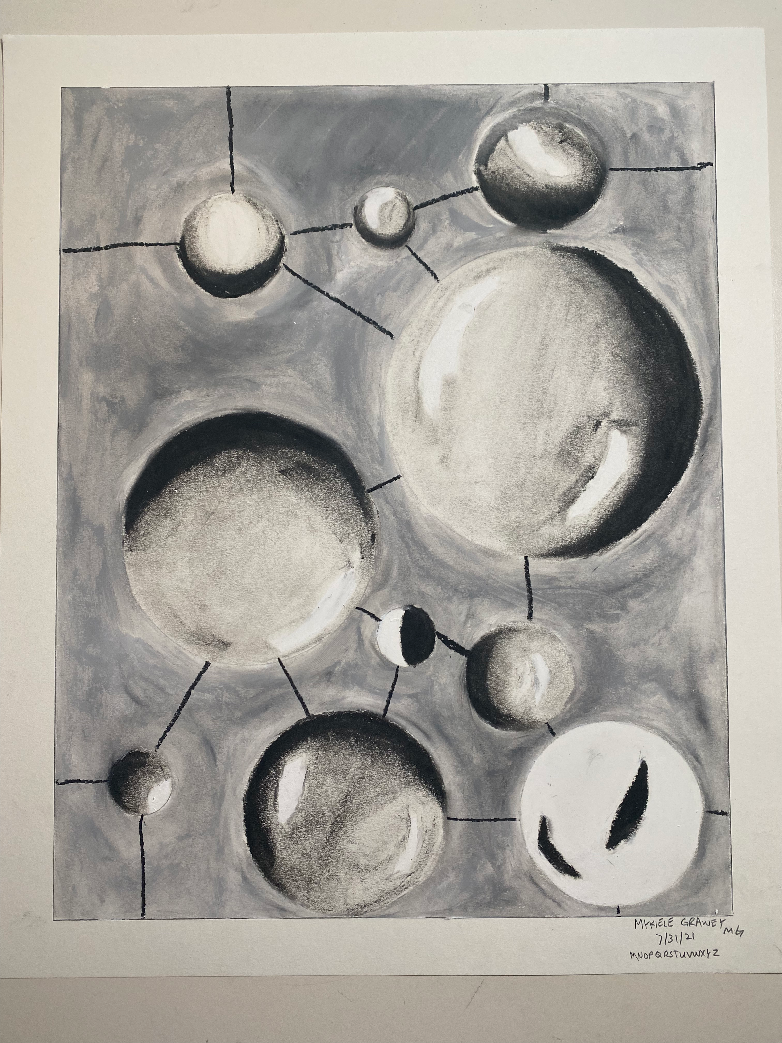 A drawing multiple different sized spheres with shadows