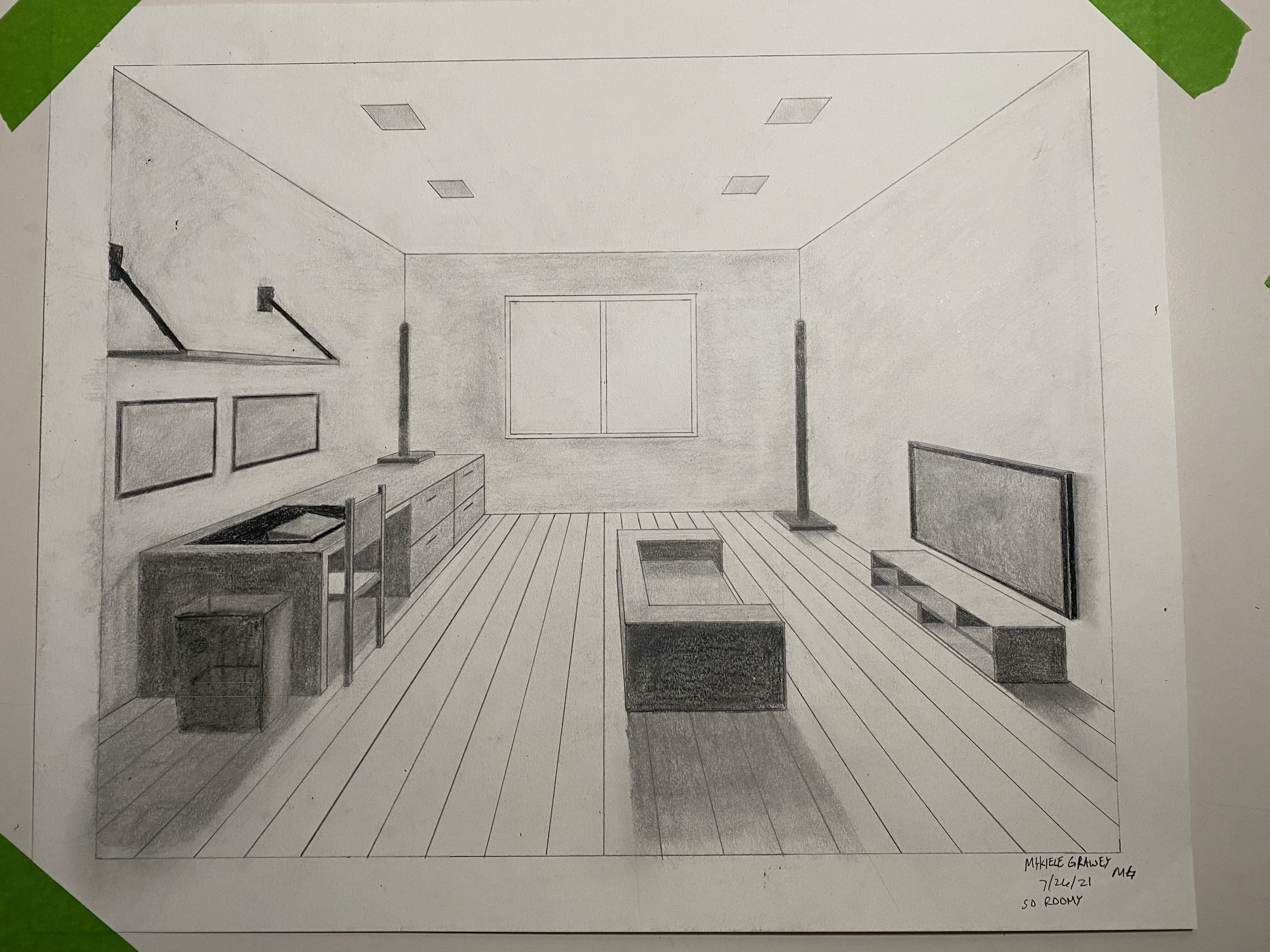 A one-point perspective drawing of a room